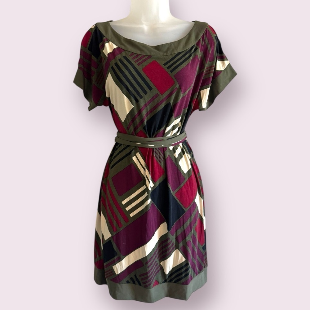 Max & Cleo Olive Red Geometric Print Belted Dress Size XS